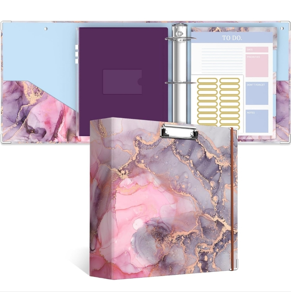 3" Clipboard Binder, Pink & Purple Marble, with Dividers